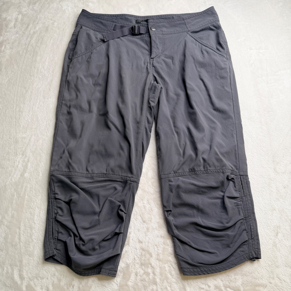 prAna Hiking Capri Pants Womens 6 Gray Ripstop Cinched Leg Integrated Belt